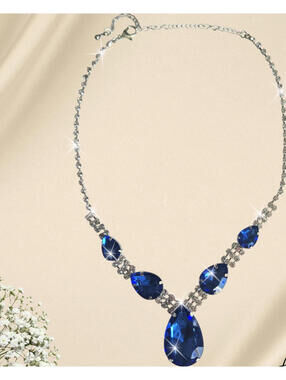 Blue Stone Rhinestone Pendant Necklace Silver Tone 16” + Extender Crystal Drop
